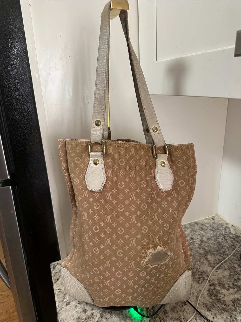 Louis Vuitton Beige Monogram Tote with Red and Black Chevron Accent. PROJECT BAG - Picture 3 of 13